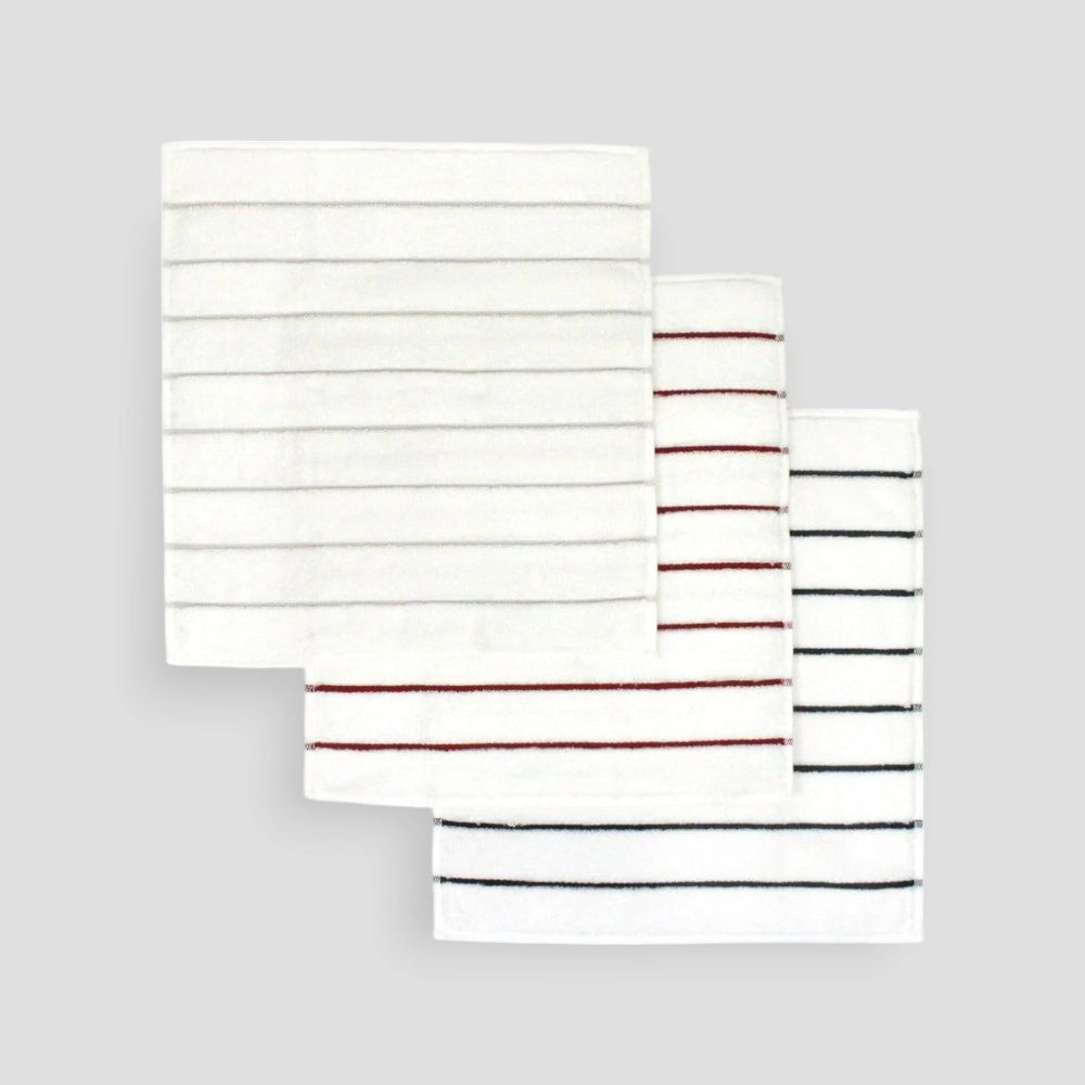Three square white Imabari towel with gray, red and navy stripe