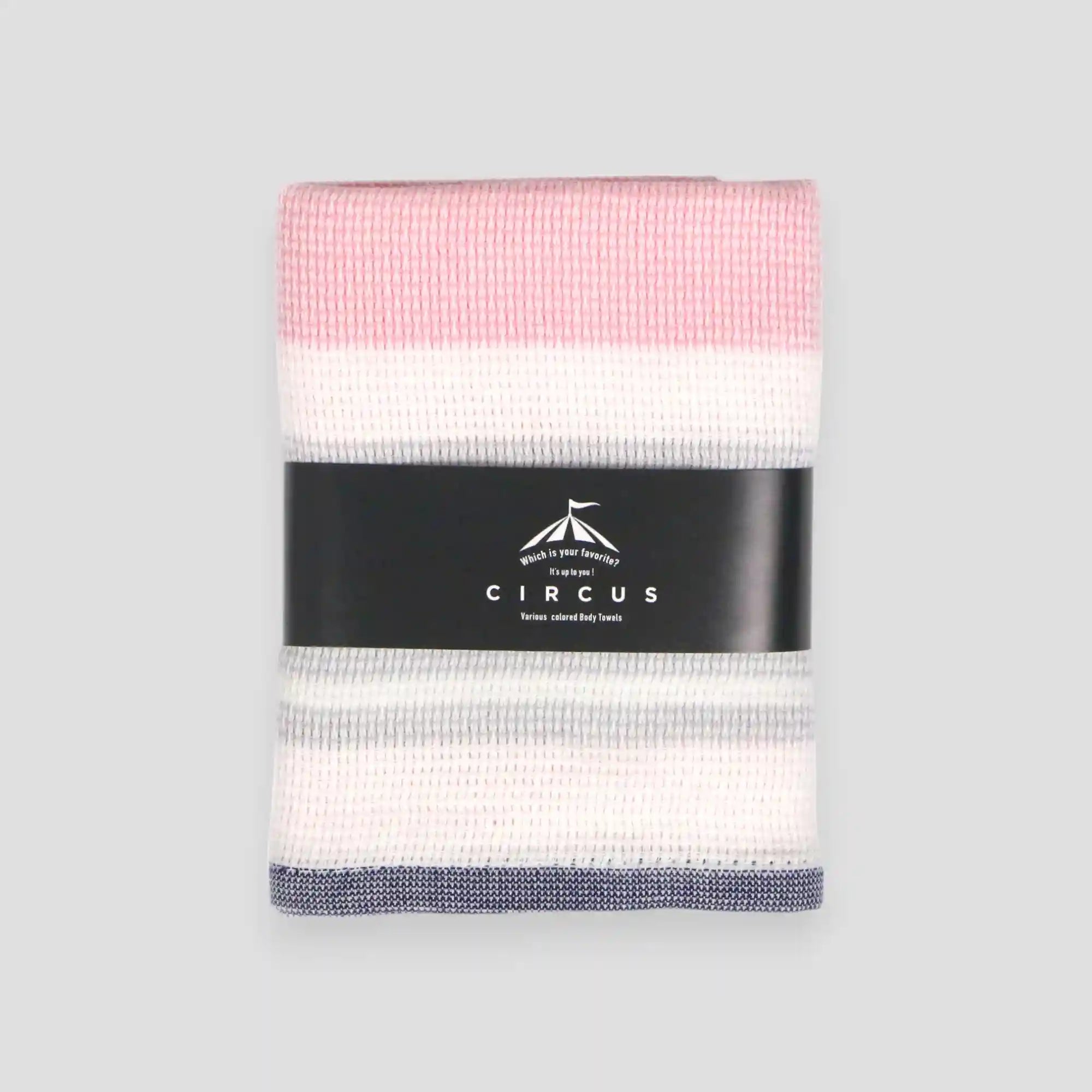 A colorful striped Imabari towel wash cloths with package name of "CIRCUS"