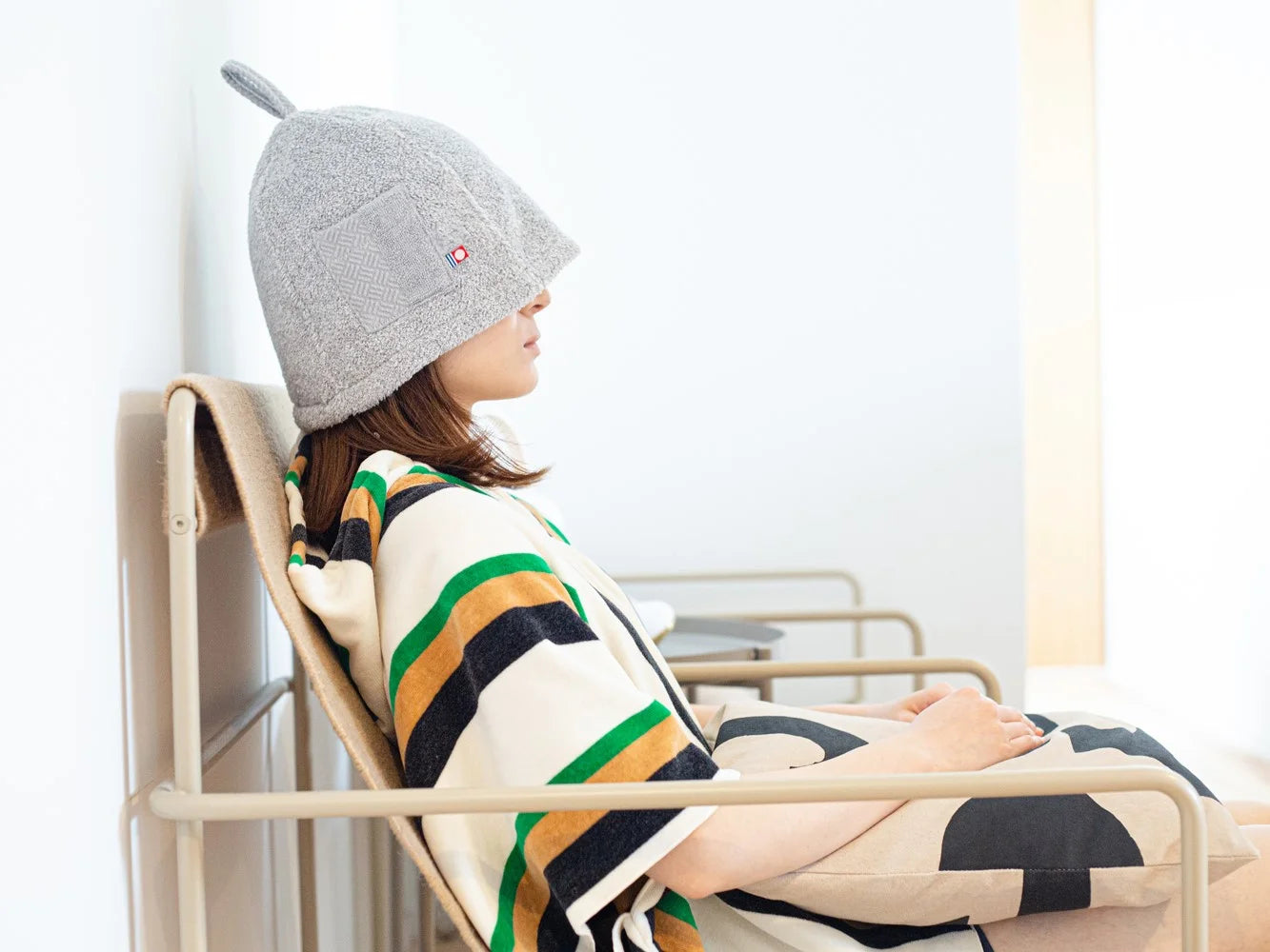 Wearing gray sauna hat made from Imabari towel material