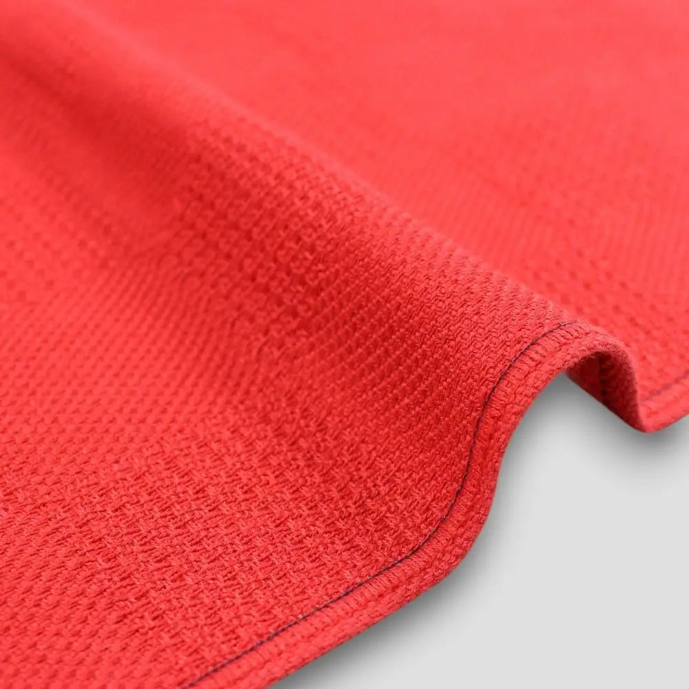 Close-up of a side of "Non-Pile" red Imabari towels