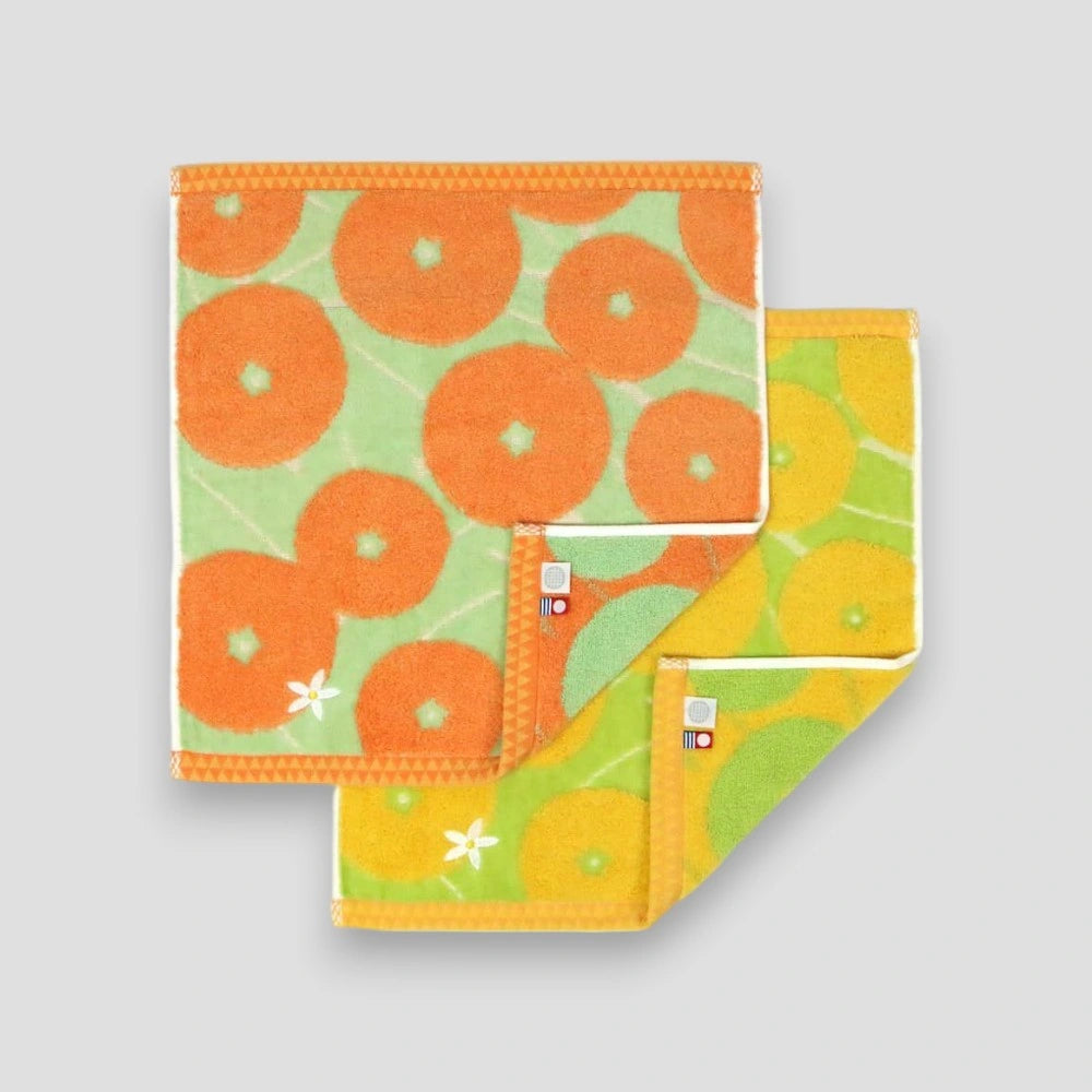 Square colorful Imabari towel with labels of Imabari towel brand mark and IORI&