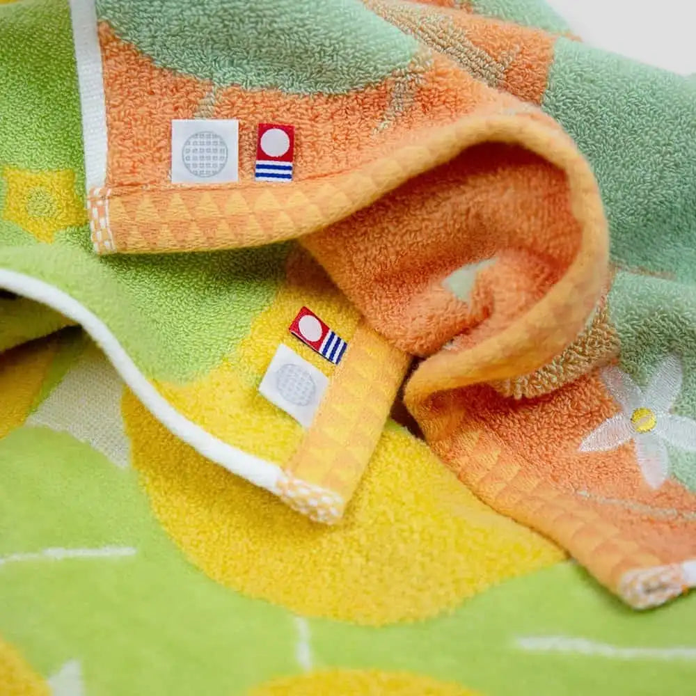 Close-up of Imabari towel labels, Imabari brand mark and IORI&