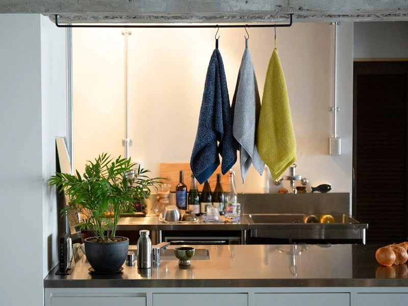 Hanging on colorful Imabari towel in a kitchen