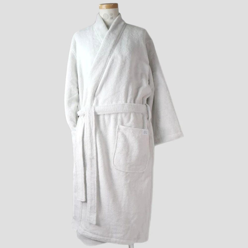 A white terry cloth Imabari towel bathrobe displayed on a mannequin torso against a light gray background.