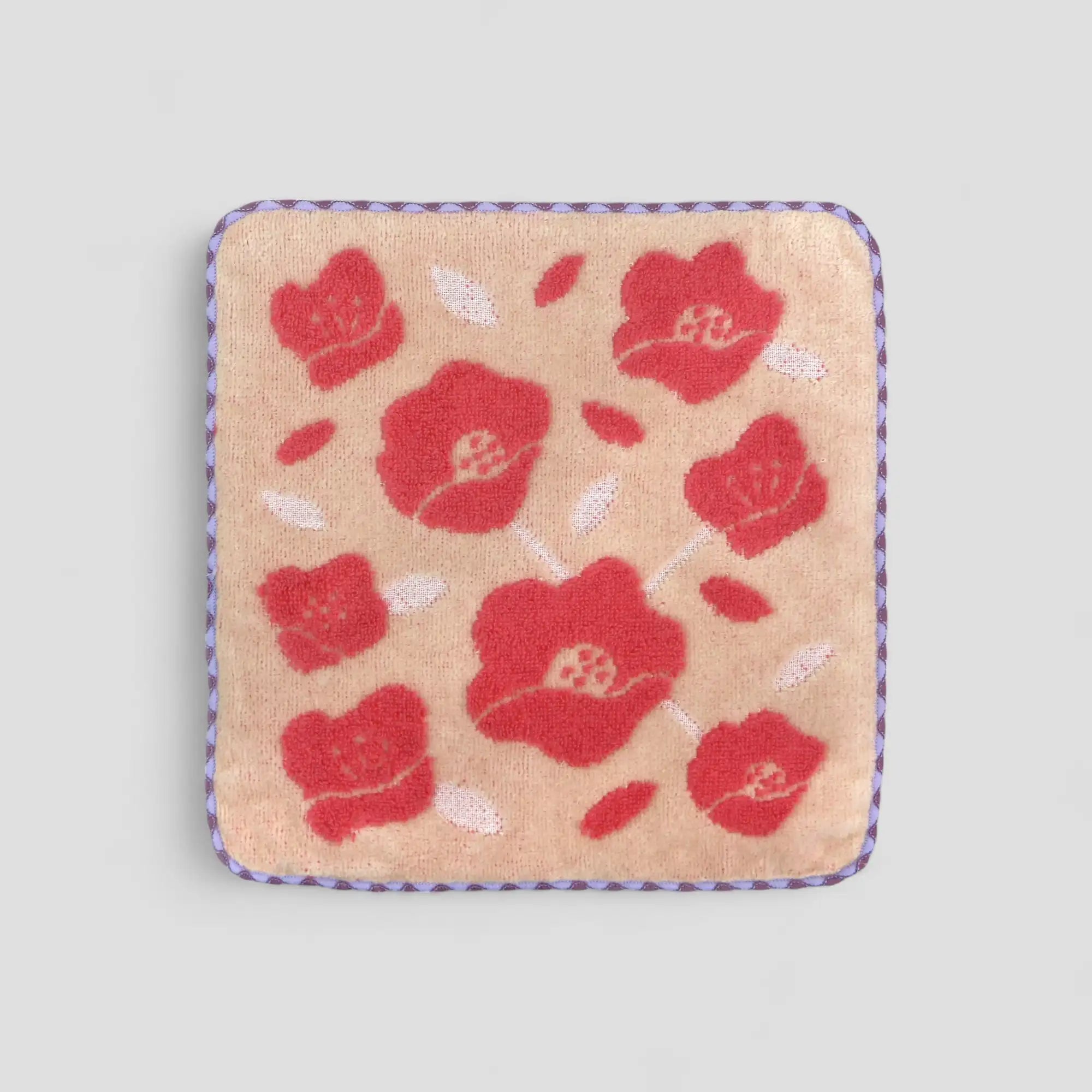 Floral patterned square Imabari towel with red flowers on gray background