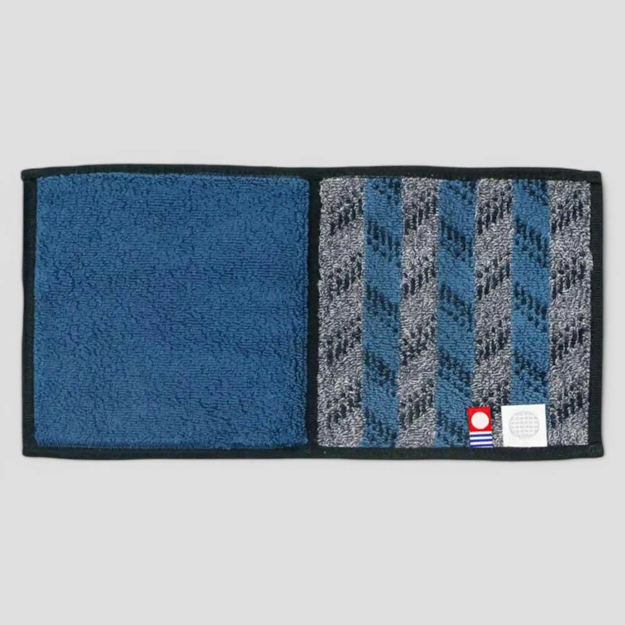 A Imabari towel in blue with navy-blue pattern, back side, displayed against a white background.