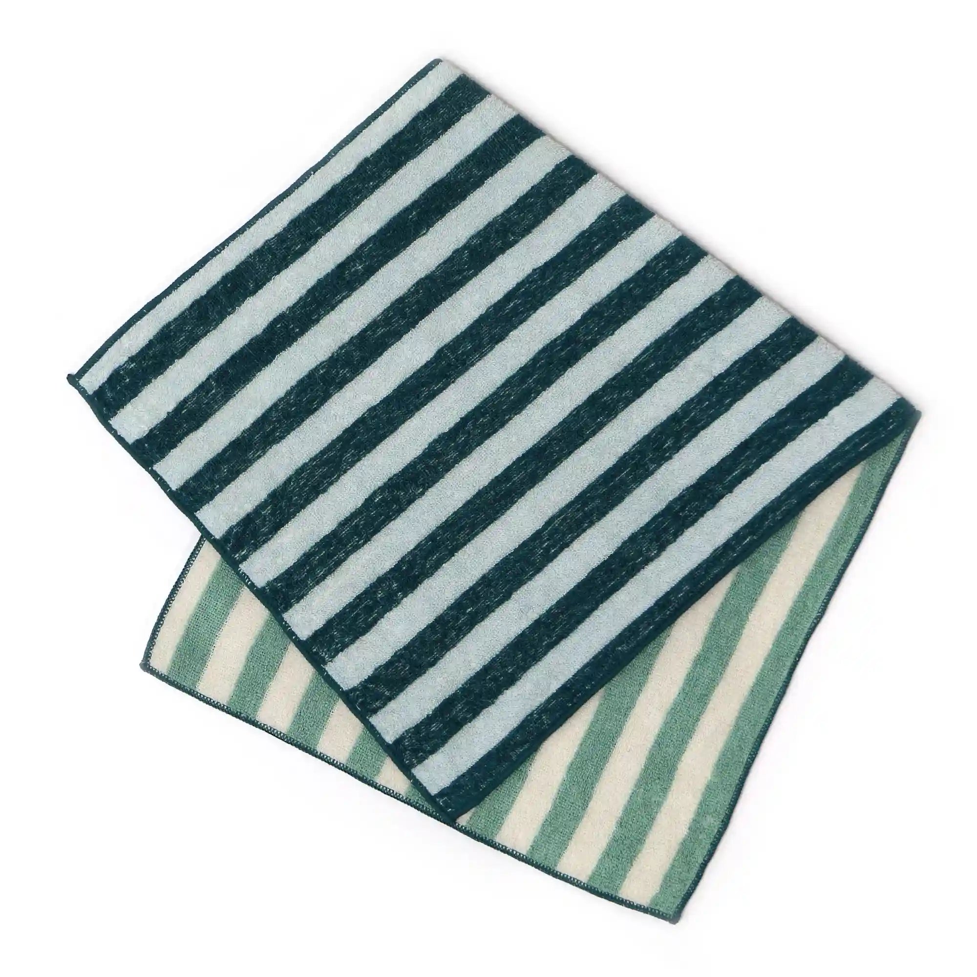 A striped Imabari towel, one green and white on a white background.