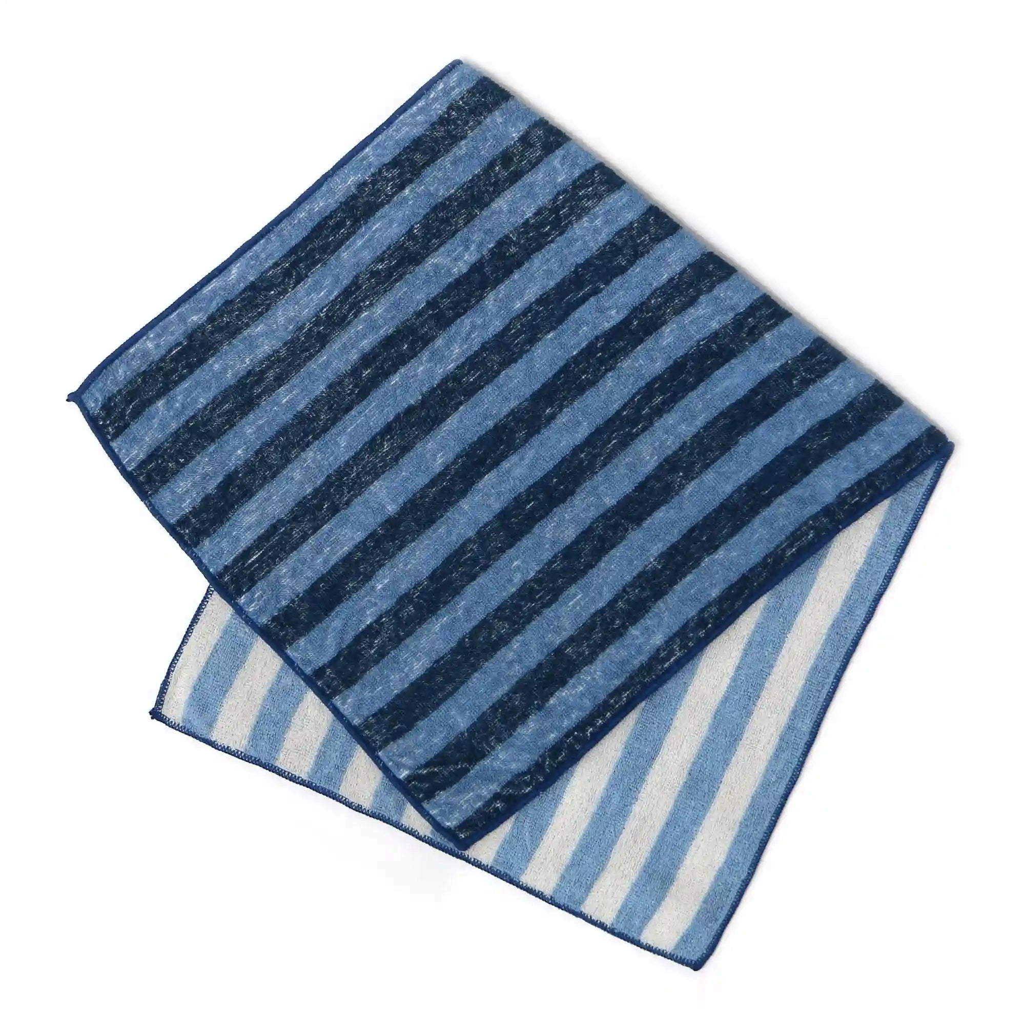 Blue and white striped Imabari towel on a white background