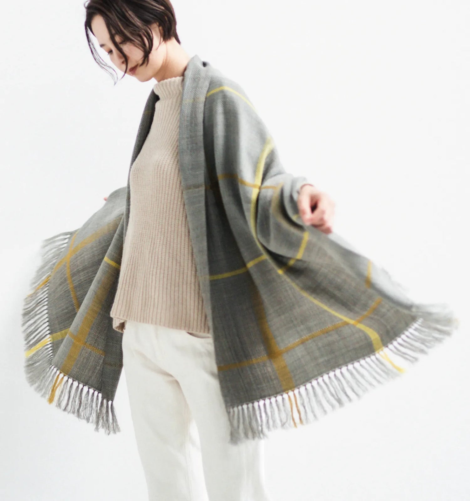 AYA Wool Shawl Windowpane - Greige