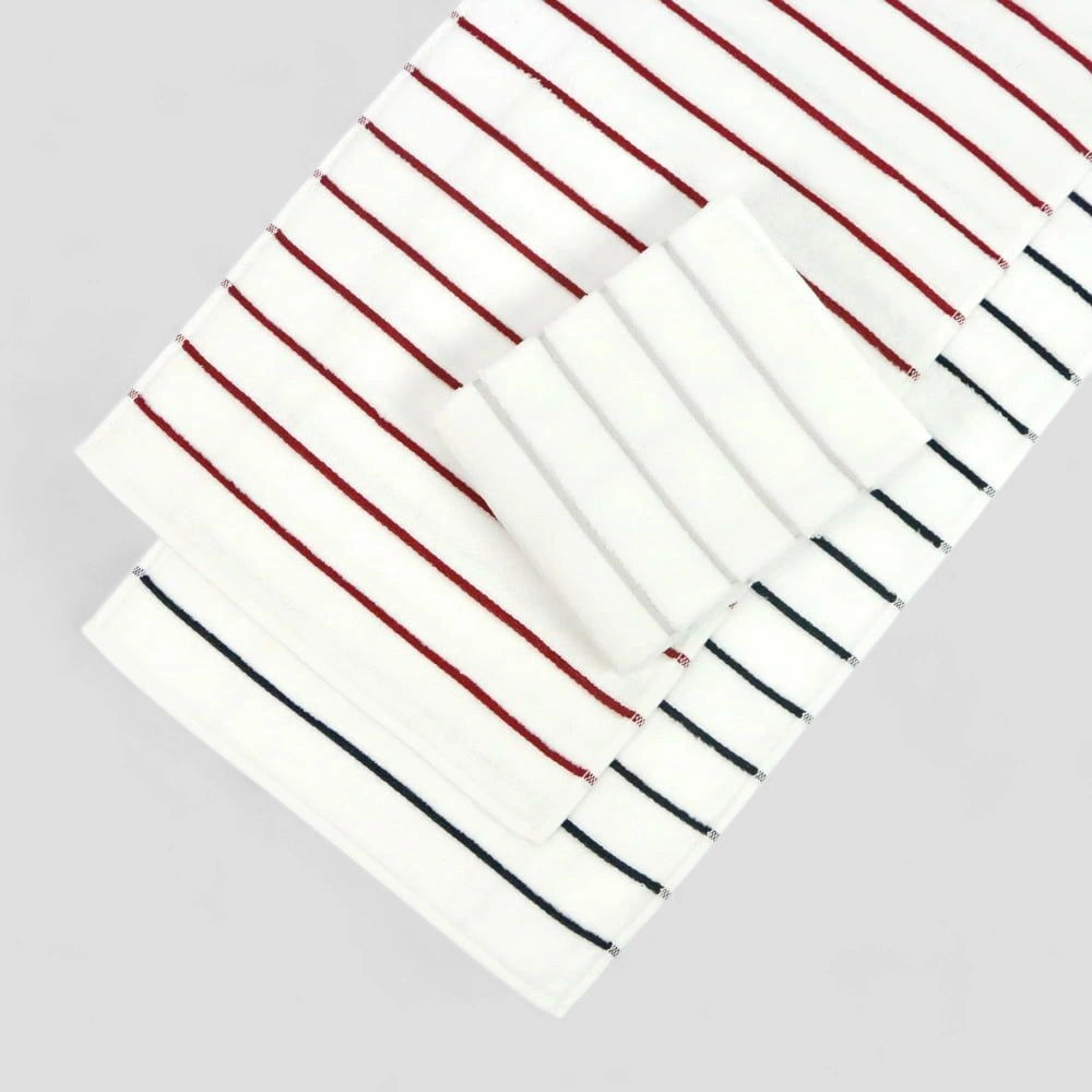 Three white Imabari towel with gray, red and navy stripe