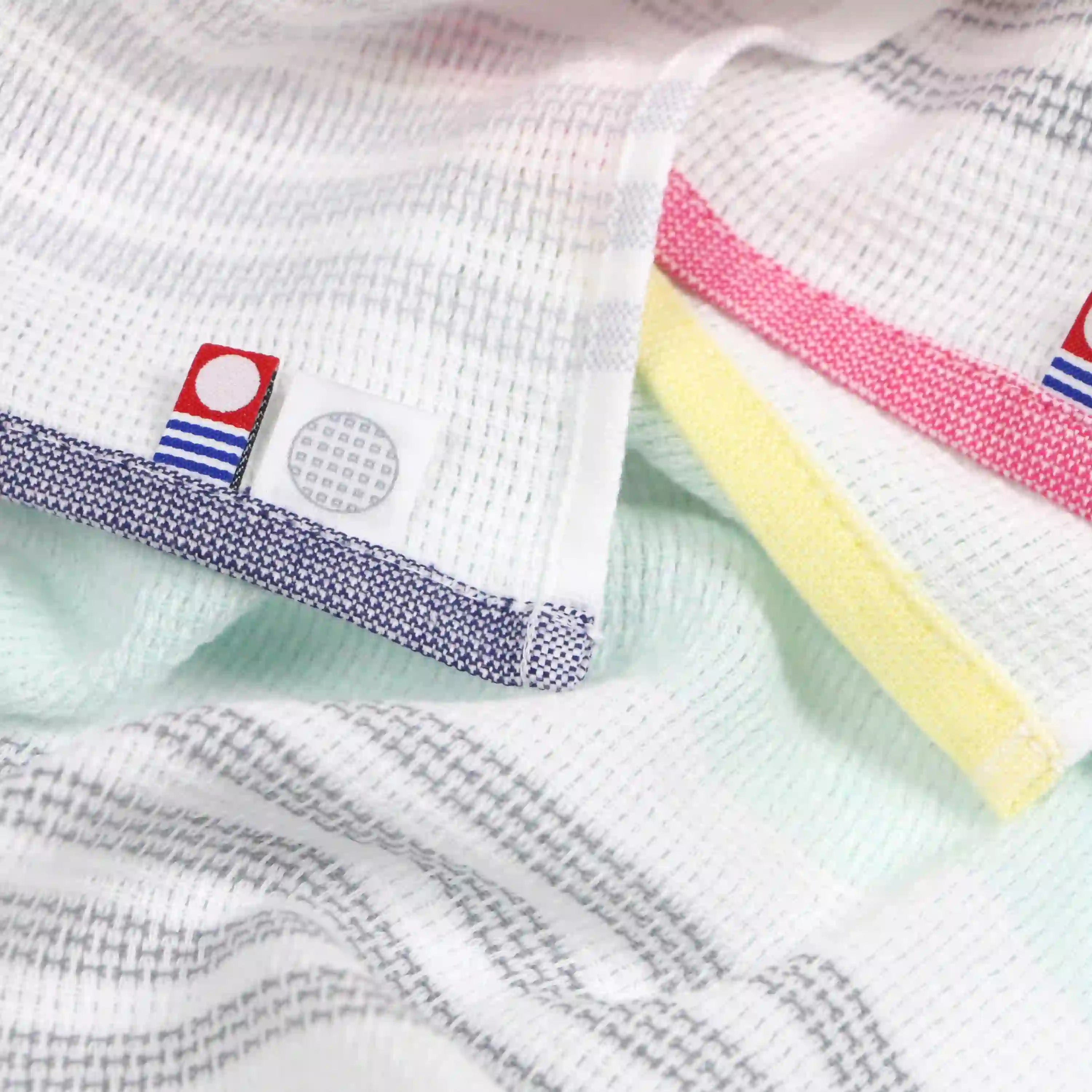 Colorful striped Imabari towels  wash cloths on labels of Imabari brand mark and Iori&