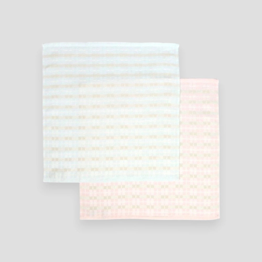 A square blue and pink Imabari towels "enowa"  displayed against a white background, 