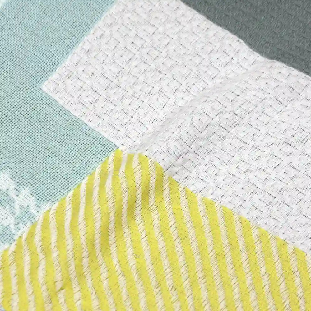Close-up of the Texture of patchwork design Imabari towel fabric in gray and yellow colors