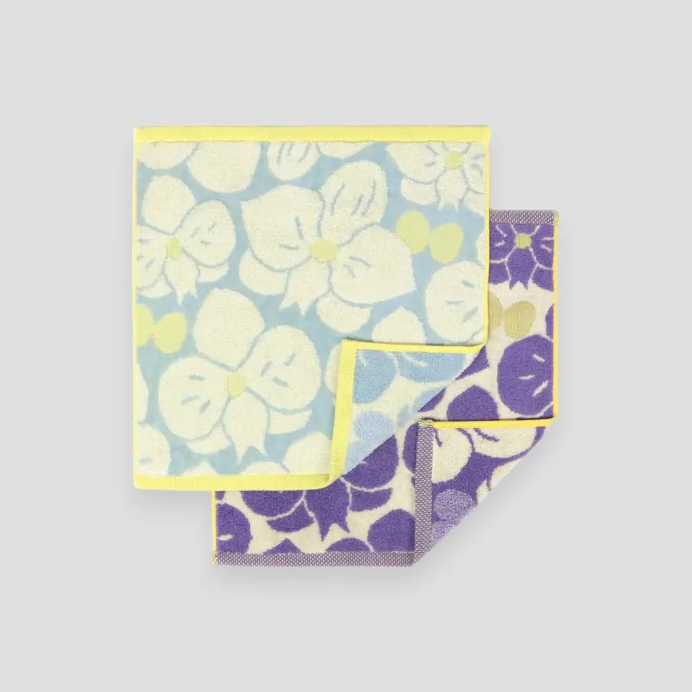 Two square Imabari towel with white and purple floral pattern