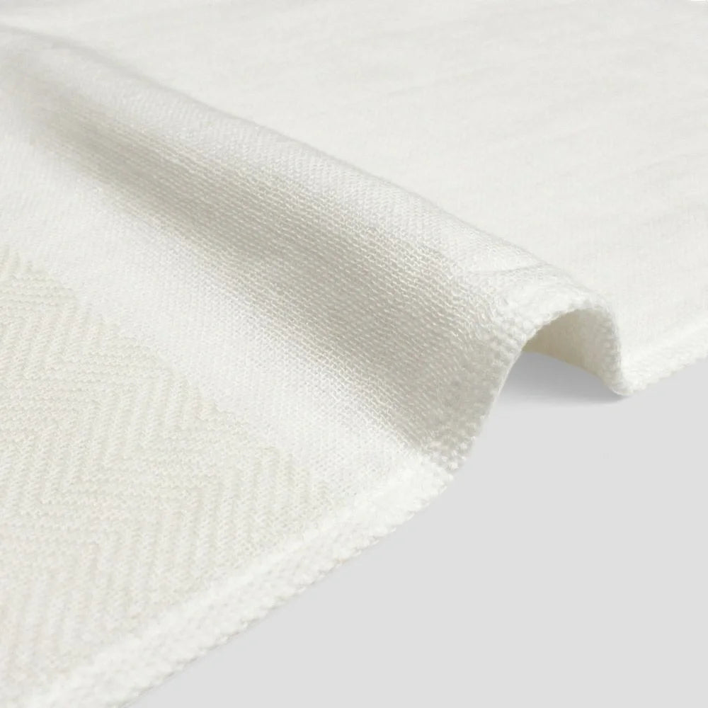 Close-up of a white Imabari towel corner on a light gray background