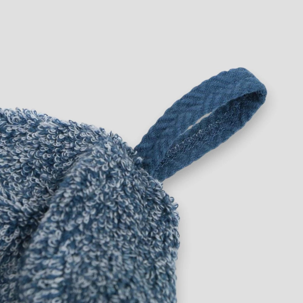Close-up of the loop attached to the navy sauna hat made from Imabari Towel