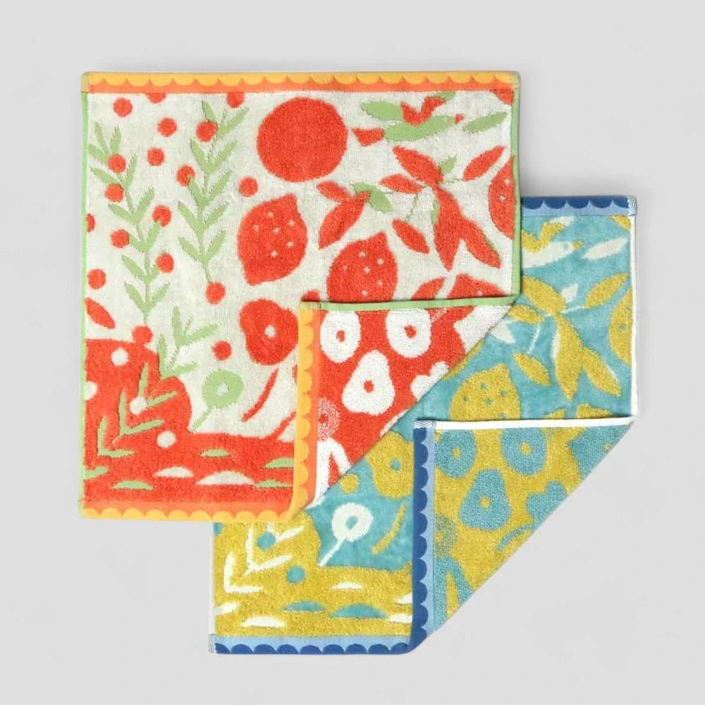 Two square Imabari towels with orange, yellow and blue tone multiple pattern