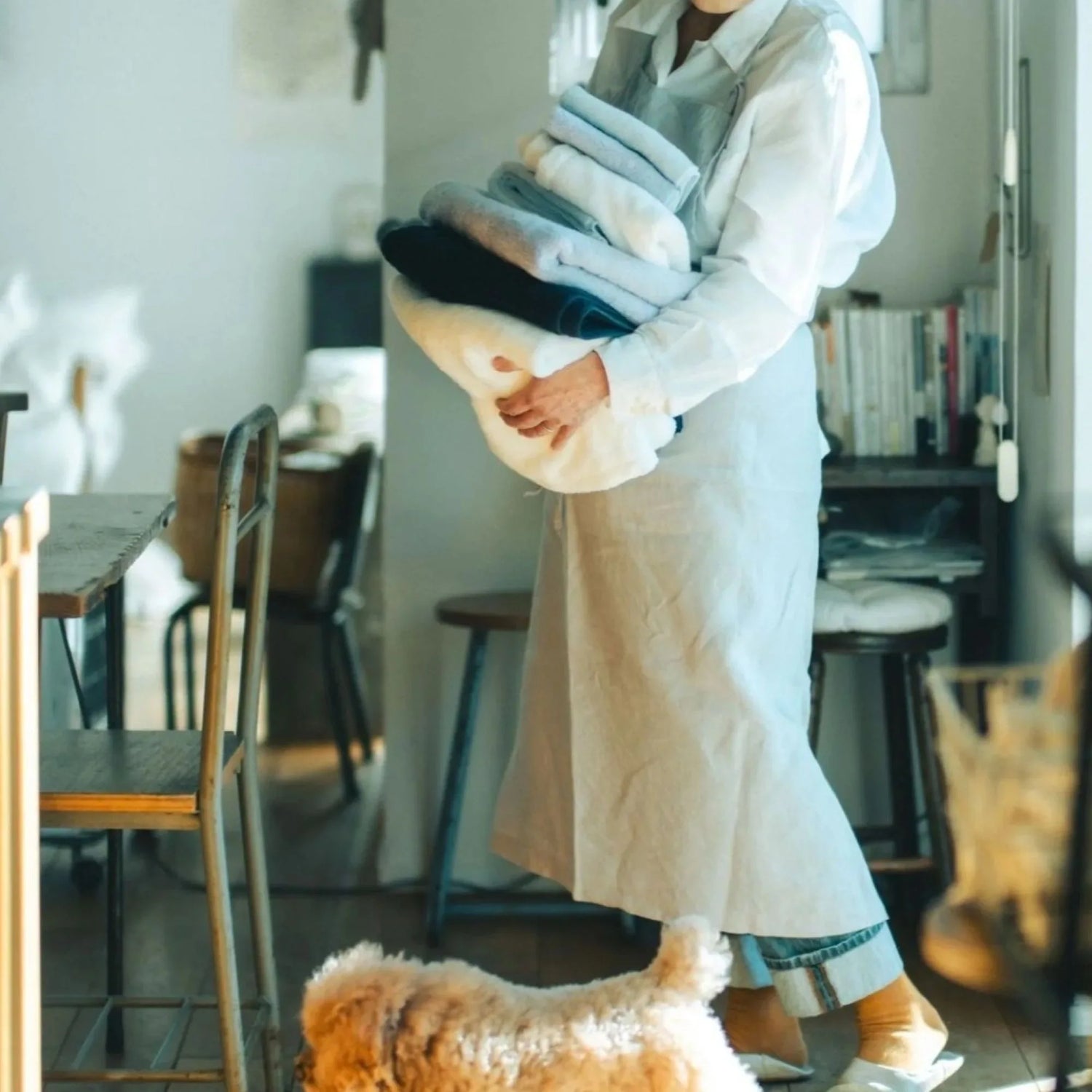 Person holding blue, navy and white various Imabari towels in a cozy room with books and furniture