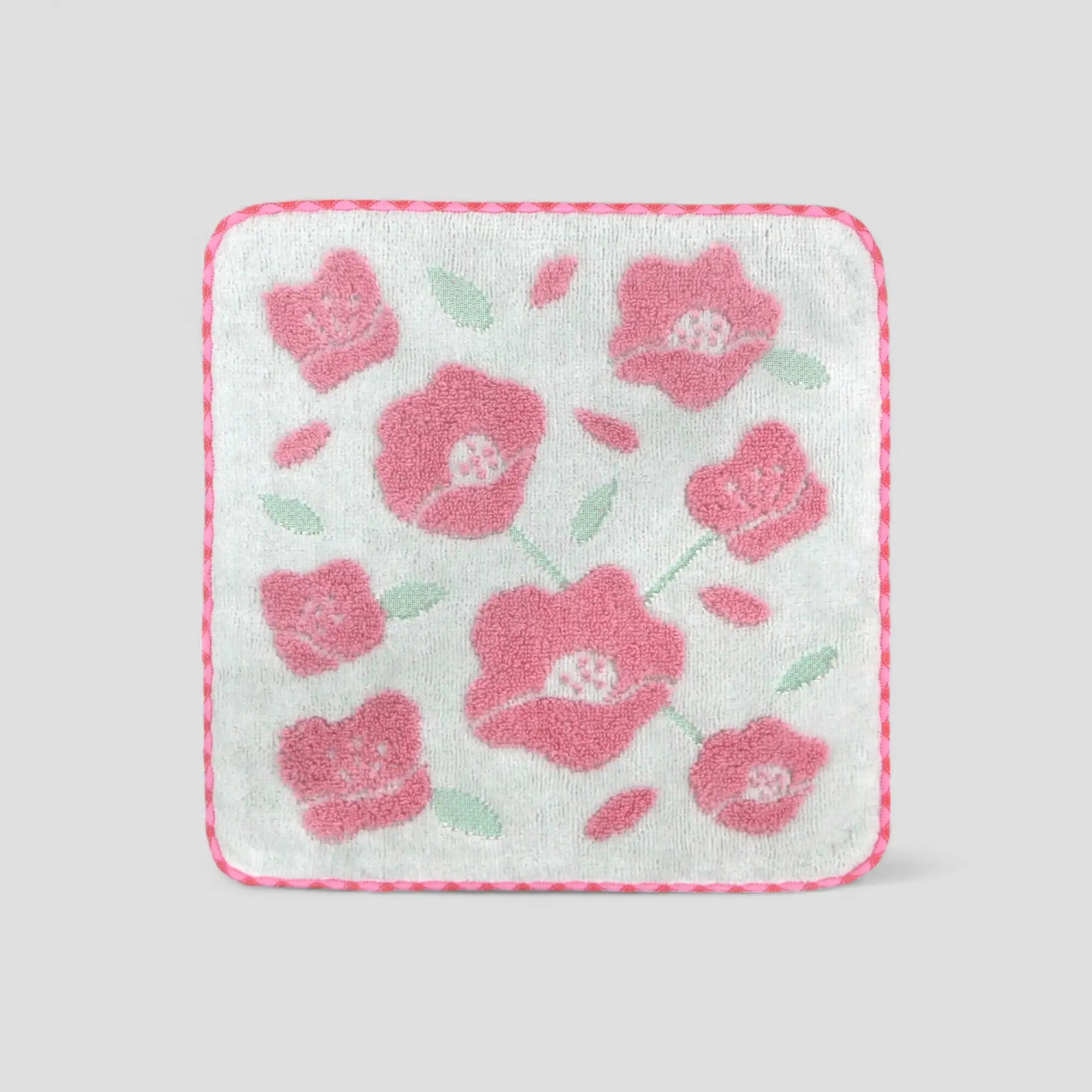 Floral patterned square Imabari towel with pink flowers on gray background