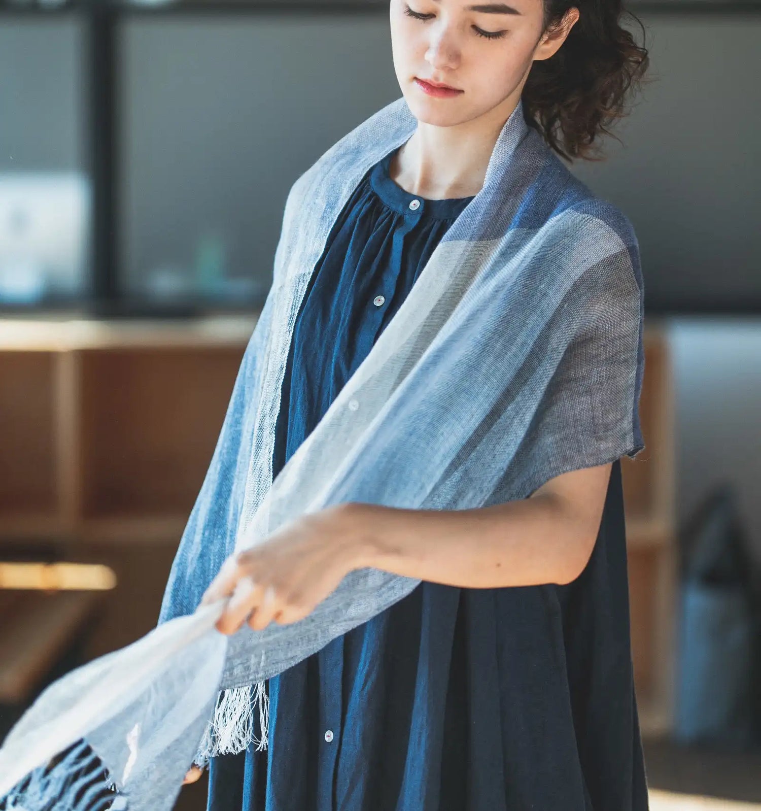 Linen＆Ramie Stole Colors-Blue
