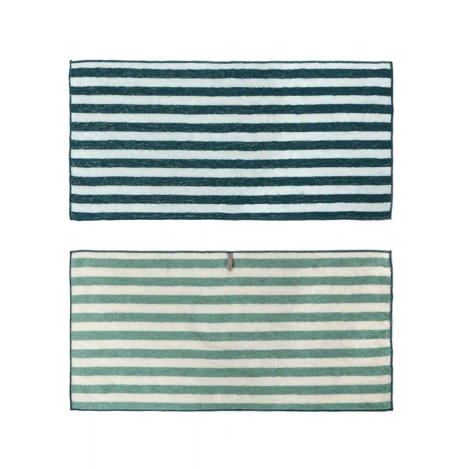 Two striped Imabari towel with green and white horizontal stripes on a white background