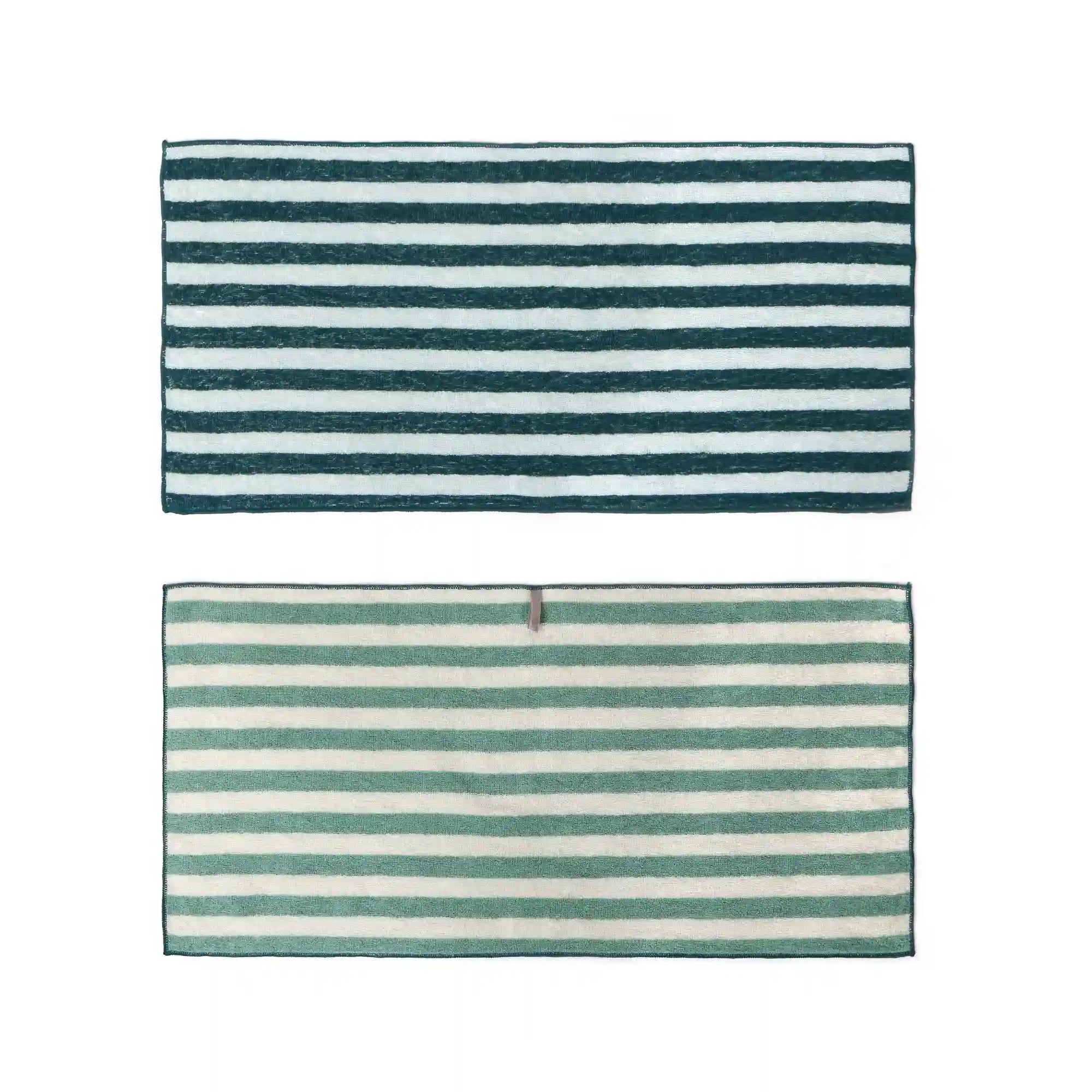 Two striped Imabari towel with green and white horizontal stripes on a white background