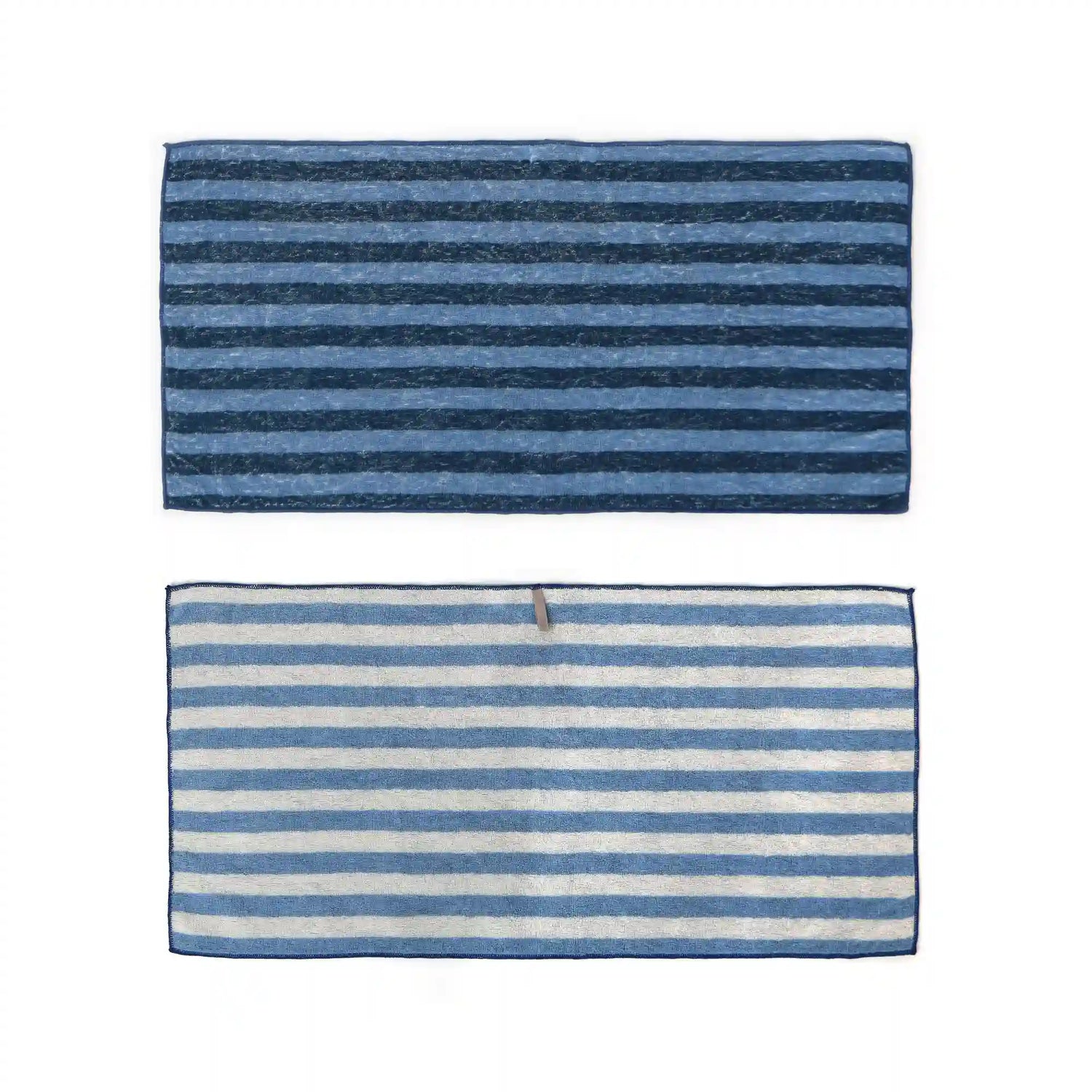 Two striped Imabari towels, one blue and white, the other navy and blue, on a white background.