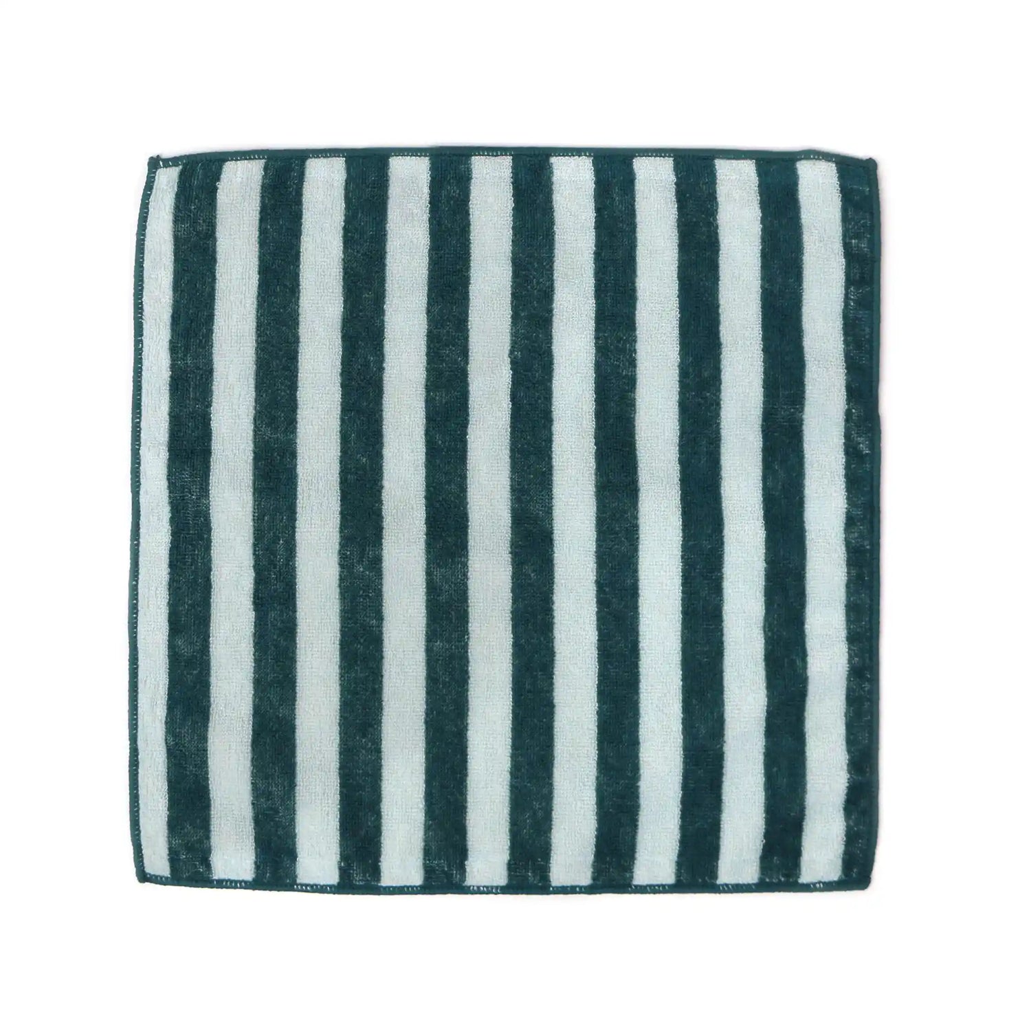 Striped Imabari towel with green and white vertical stripes on a white background