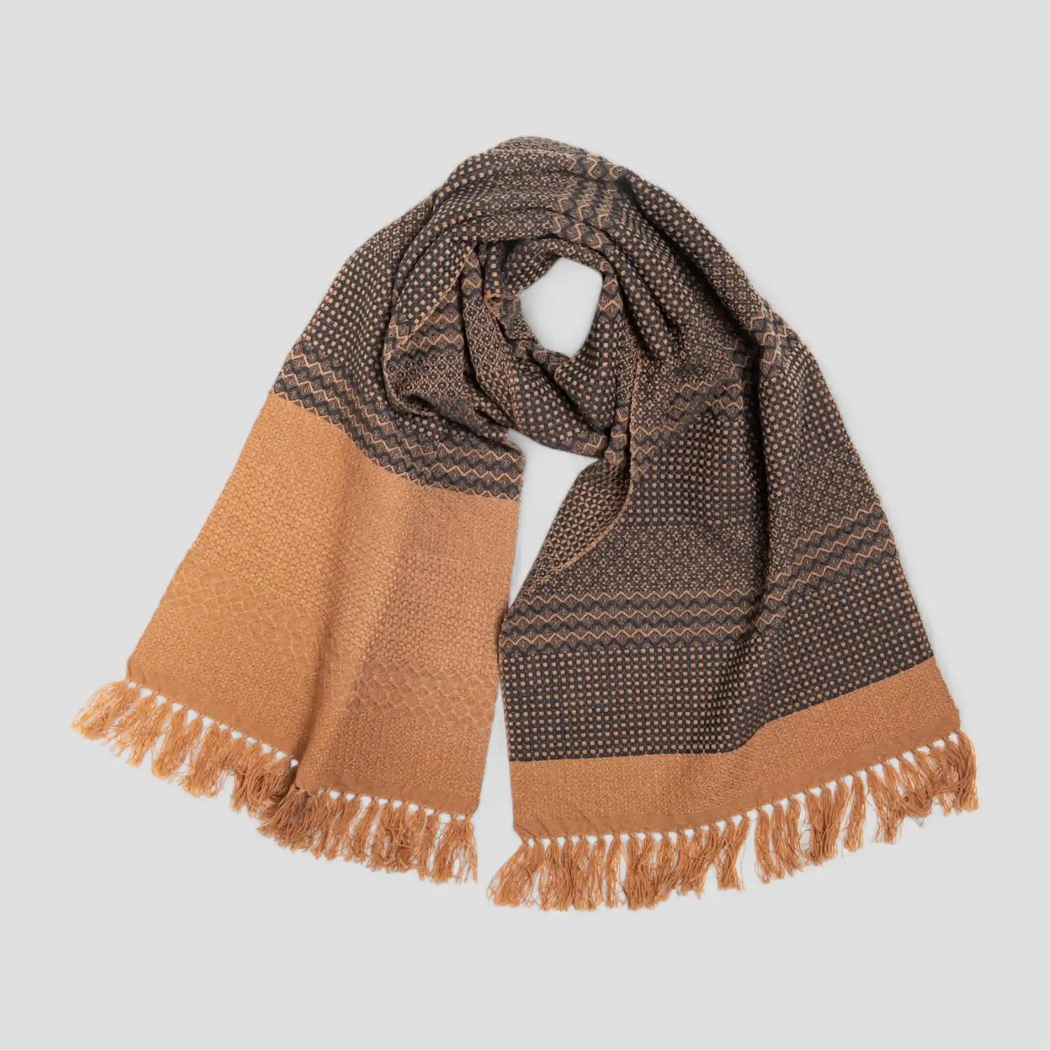 KAWARI Wool Muffler Weave Border - Camel