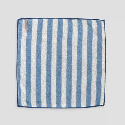 Blue and white striped Imabari towel fabric square on a light gray background